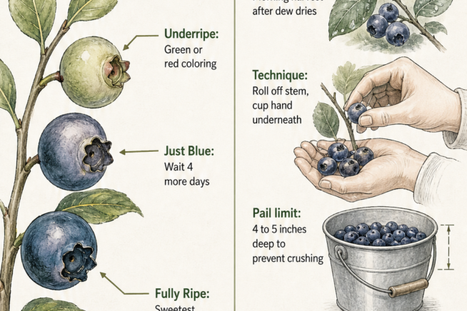 Illustration showing underripe, just blue, and fully ripe blueberries alongside harvesting techniques