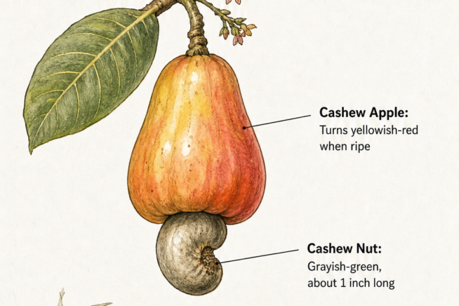 Botanical illustration of a ripe cashew fruit showing the yellowish-red cashew apple and grayish-green nut