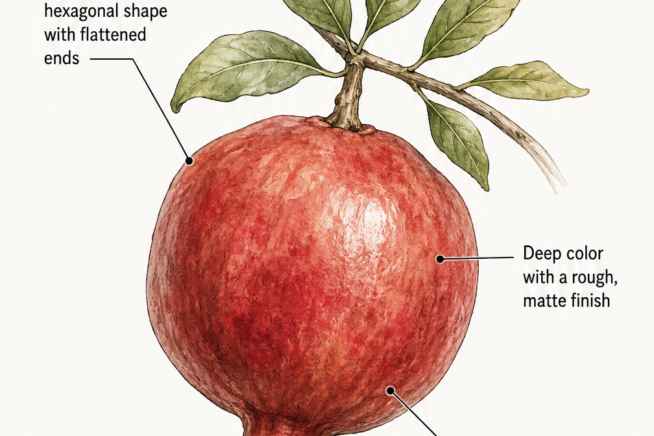 Botanical illustration of a ripe pomegranate on a branch with labels pointing out signs of ripeness like blocky shape and deep color.