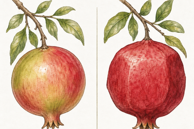 Illustration comparing an unripe round pomegranate with green traces to a ripe hexagonal blocky pomegranate with a matte rind.