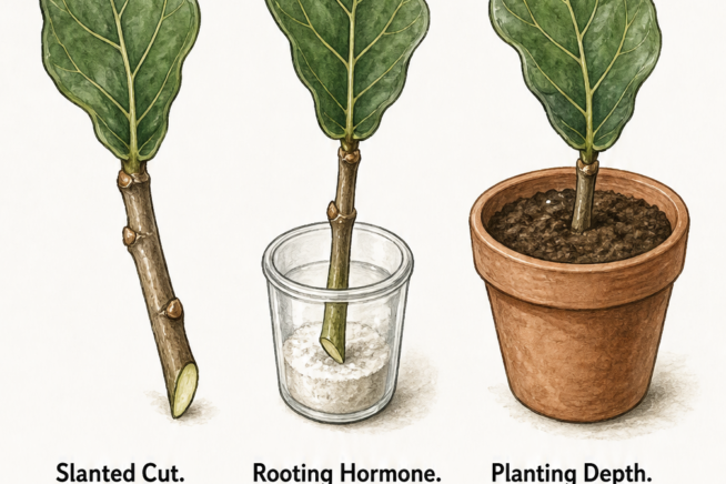 Three-step botanical illustration showing how to root a fiddle leaf fig cutting using a slanted cut, rooting hormone, and potting soil.
