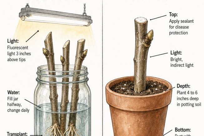Illustration comparing two methods for rooting fig tree cuttings: the water method in a mason jar and the soil method in a pot.