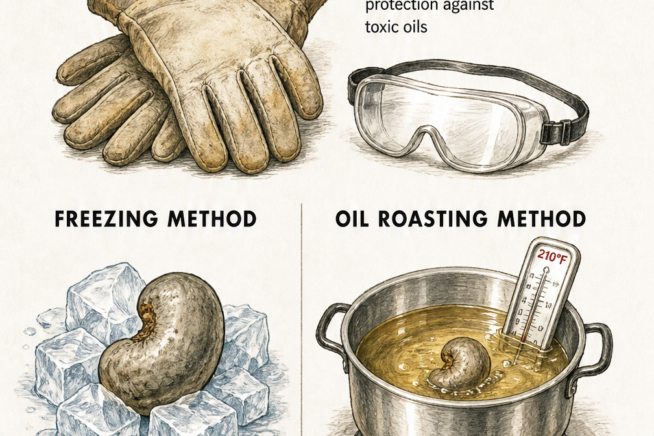 Illustration showing protective gear and two methods for safely processing raw cashews: freezing and oil roasting