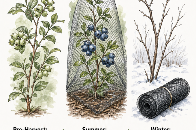 Illustration showing the seasonal cycle of blueberry netting from pre-harvest application to winter storage