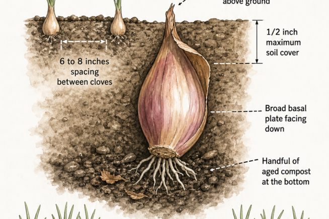 Botanical cross-section illustration showing the perfect planting depth and spacing for shallot cloves in a garden bed.