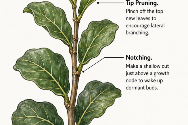Botanical illustration showing how to shape a fiddle leaf fig through tip pruning, notching, and proper timing.