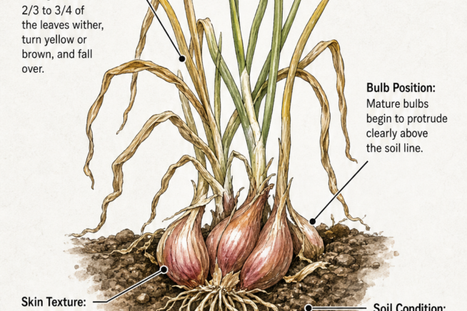 Botanical illustration showing a mature shallot plant with withered foliage and dry skin indicating it is ready for harvest