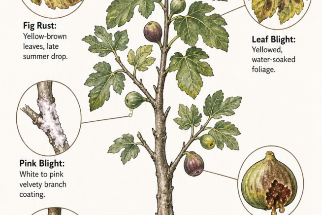 Botanical illustration showing symptoms of five common fig tree diseases including rust, leaf blight, and root nematodes