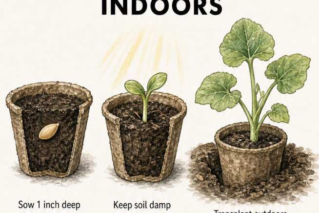 Botanical drawings showing butternut squash seeds sown in a peat pot, germinating in sunlight, and being transplanted outdoors.