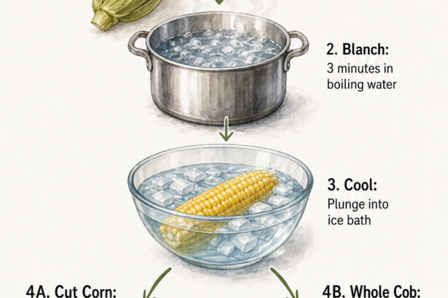 Illustrated steps for freezing fresh sweet corn, showing blanching, cooling, and cutting off the cob.