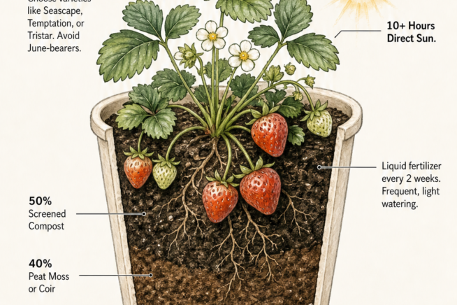 Cross-section illustration of a strawberry planter showing the ideal soil mix, drainage, and sunlight requirements.