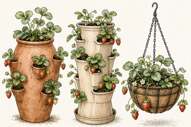 Illustration of three strawberry planter styles including a terra cotta jar, a vertical tower, and a hanging planter.