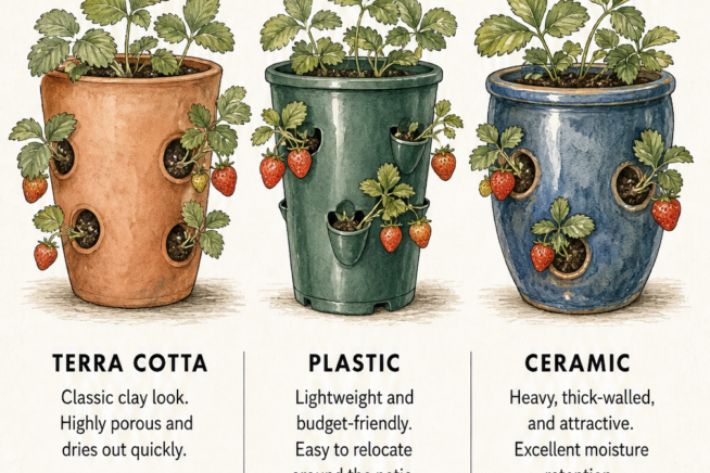 Illustration comparing terra cotta, plastic, and ceramic strawberry pots with their pros and cons.