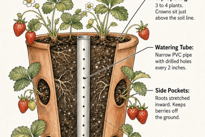 Cross-section illustration of a planted terra cotta strawberry pot showing the watering tube, soil mix, and root placement.