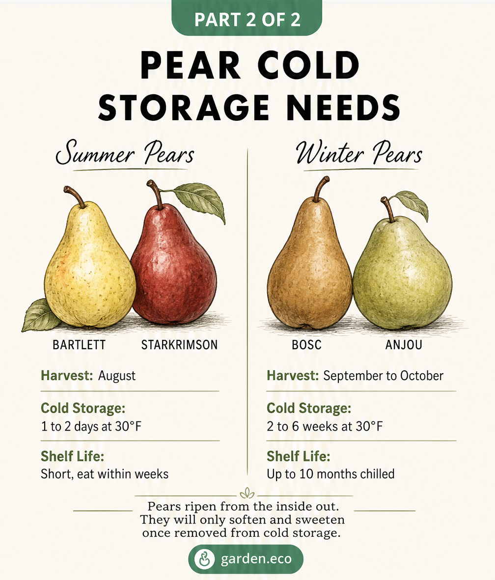 Comparison chart showing the harvest times, cold storage needs, and shelf life of summer pears versus winter pears.