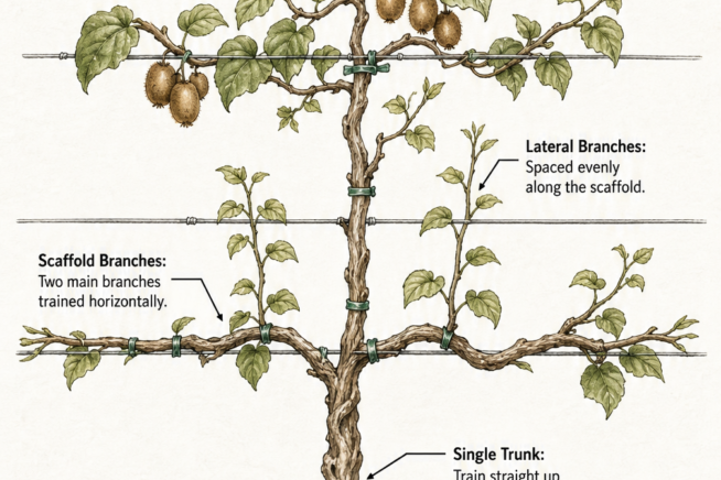 Botanical illustration showing how to train a hardy kiwi vine with a single trunk, scaffold branches, and laterals.