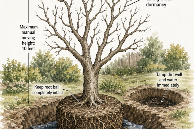 Illustration of a dormant, leafless fig tree being dug up and moved on a heavy tarp during winter.