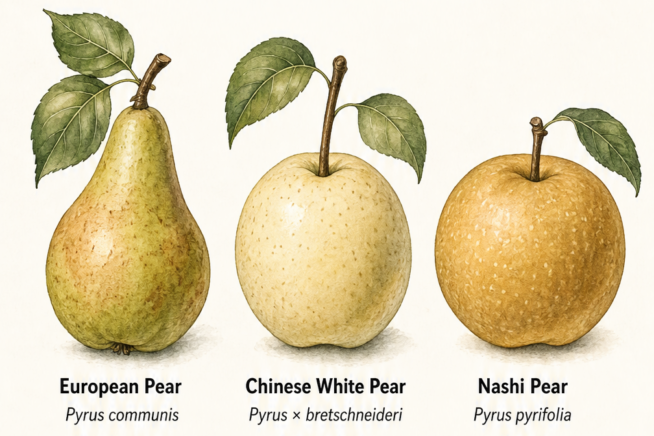 Botanical illustration of three cultivated pear types: the European Pear, Chinese White Pear, and Nashi Pear.
