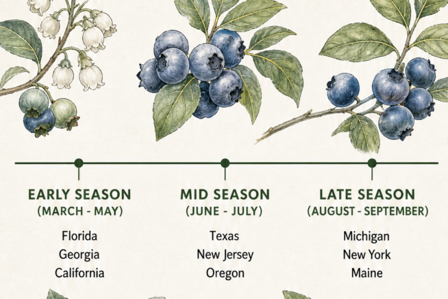 Timeline showing early, mid, and late blueberry picking seasons across different US states