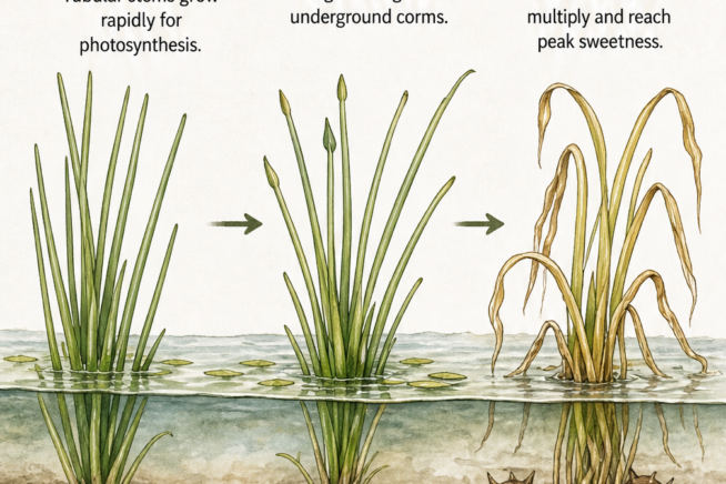 Botanical cross-section illustration showing the growth cycle of a water chestnut from spring to fall harvest in mucky soil.