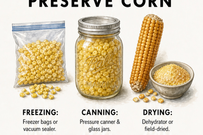 Three ways to preserve corn: freezing in bags, canning in mason jars, and drying for cornmeal.