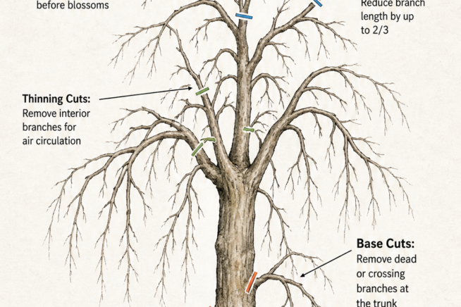 Diagram showing where to make pruning cuts on a weeping cherry tree, including thinning, heading, and base cuts.