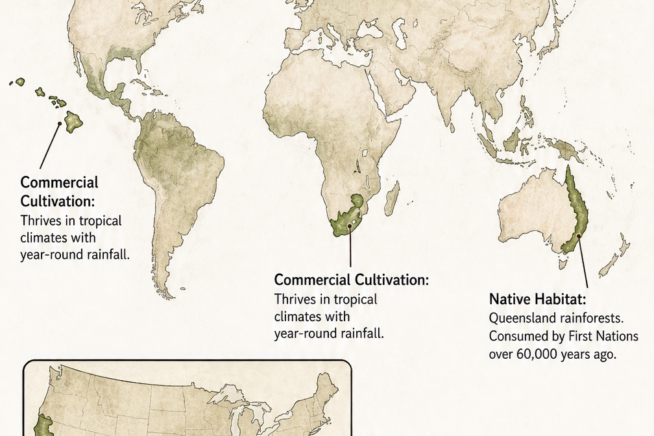 Hand-drawn botanical map showing the native habitat of macadamia trees in Australia and commercial cultivation regions like Hawaii and California.
