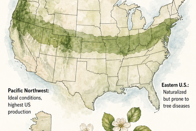 Illustrated map of the United States showing where pear trees thrive, highlighting USDA zones 4 through 8, the Pacific Northwest, and the Eastern US.