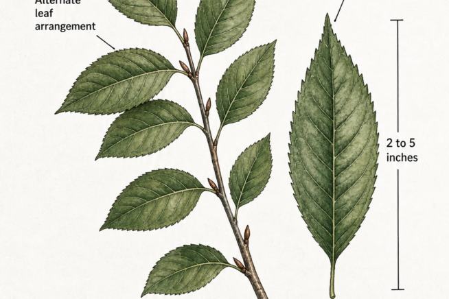 Botanical illustration of wild black cherry leaves showing alternate arrangement, serrated edges, and bitter almond scent when crushed.