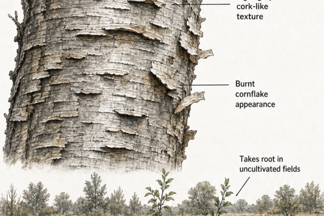 Close-up illustration of wild cherry tree bark in winter showing light grey, cork-like texture and burnt cornflake appearance.