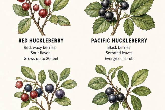 Botanical illustrations of four wild North American huckleberry varieties: Red, Pacific, Mountain, and Eastern.