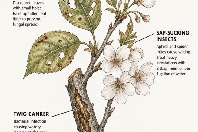 Botanical illustration of a Yoshino cherry branch showing signs of shot hole disease, sap-sucking insects, twig canker, and peach tree borers.
