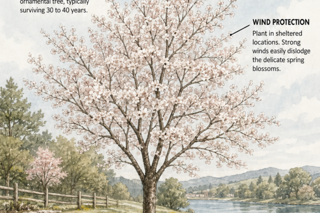 Landscape illustration of a mature Yoshino cherry tree showing ideal growing conditions including climate zones, wind protection, well-drained soil, and...