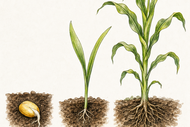 Botanical illustration showing three growth stages of a young corn plant from seed to knee-high stalk