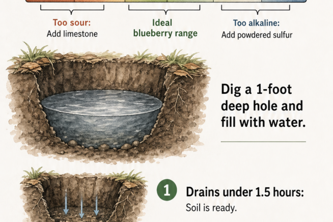 Illustration of a soil pH scale for blueberries and a drainage test showing a hole filled with water.