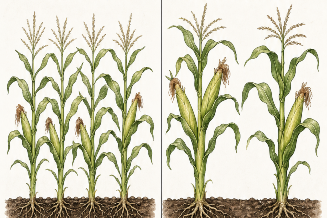 Illustration comparing the planting distance of baby corn at 4 inches apart versus mature sweet corn at 8 to 10 inches apart, with a row spacing of 3 to 4 feet.