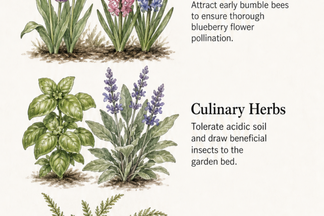 Herbarium-style illustrations of spring bulbs, culinary herbs, and sweet fern detailing their benefits for blueberry bushes, such as attracting pollinators and...