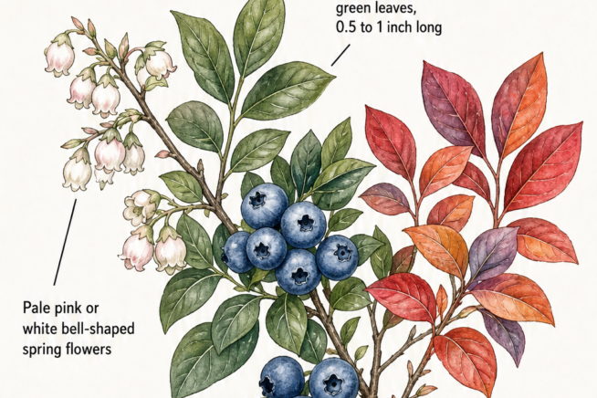 Botanical illustration showing the seasonal changes of a blueberry bush from spring flowers to summer fruit and fall foliage.