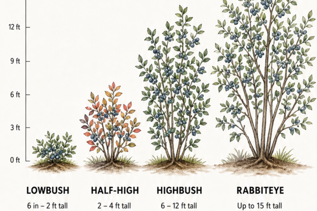 Comparison chart of four blueberry bush varieties: Lowbush, Half-high, Highbush, and Rabbiteye, showing their height differences and USDA zones.
