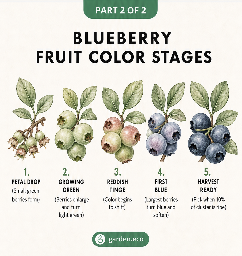 Botanical illustration showing the five color stages of blueberry fruit development from small green berries to harvest-ready blue.