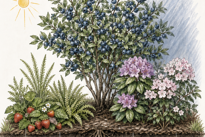Botanical illustration of a blueberry bush garden bed showing sun-loving strawberries and sweet fern on one side, and shade-loving rhododendron and mountain...