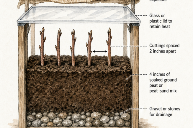 Cross-section illustration of a wooden blueberry propagation box showing soil layers, drainage, and burlap cover