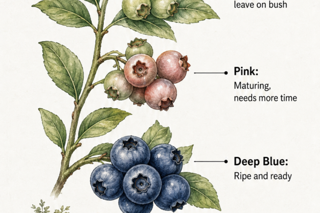 Botanical illustration showing three stages of blueberry ripeness from green to deep blue