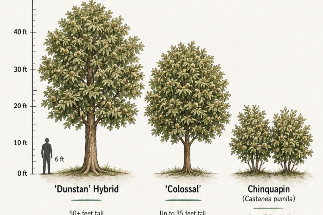 Size comparison chart of three chestnut tree varieties: Dunstan Hybrid, Colossal, and Chinquapin.