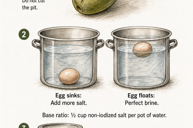 Botanical illustration showing olive harvest stages from green to black and best varieties for salt brining like Manzanillo and Kalamata