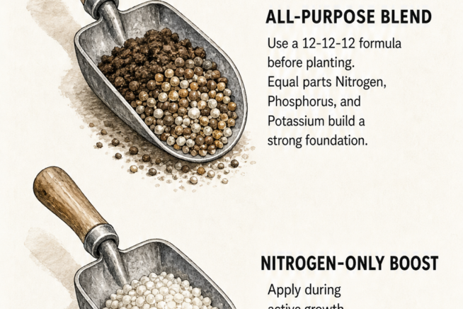 Two garden trowels displaying different fertilizers: an all-purpose 12-12-12 blend for pre-planting and a nitrogen-only boost for active growth.