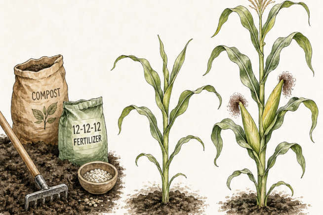 Illustration showing corn plants in three growth stages: pre-planting, knee-high, and silking, with specific fertilizer recommendations for each phase.