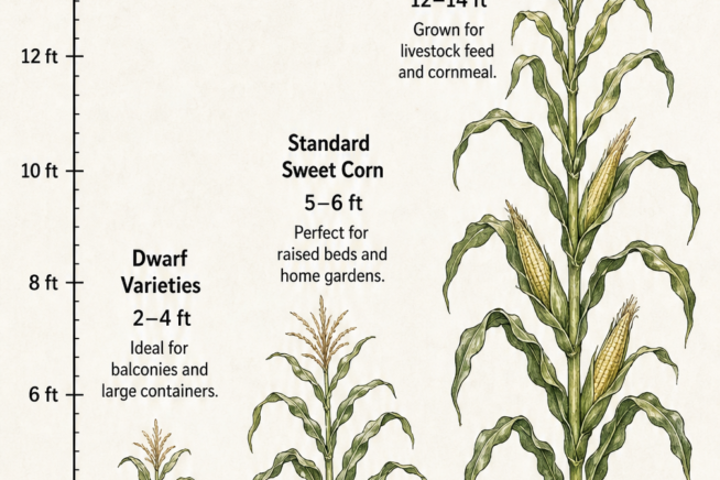 Illustration showing three corn plants of different heights: dwarf, standard sweet corn, and tall field corn, with a measuring scale in feet.