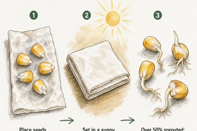 Illustration showing how to test corn seed viability using damp paper towels and sunlight