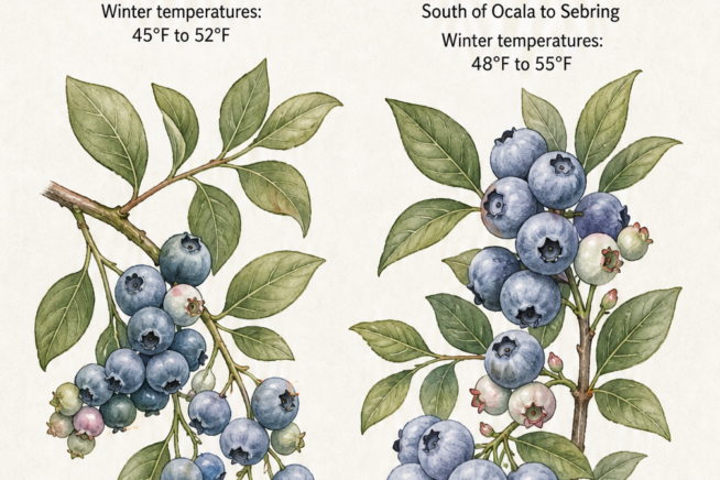 Botanical illustration comparing Rabbiteye and Southern Highbush blueberry branches with winter temperature requirements for Florida.
